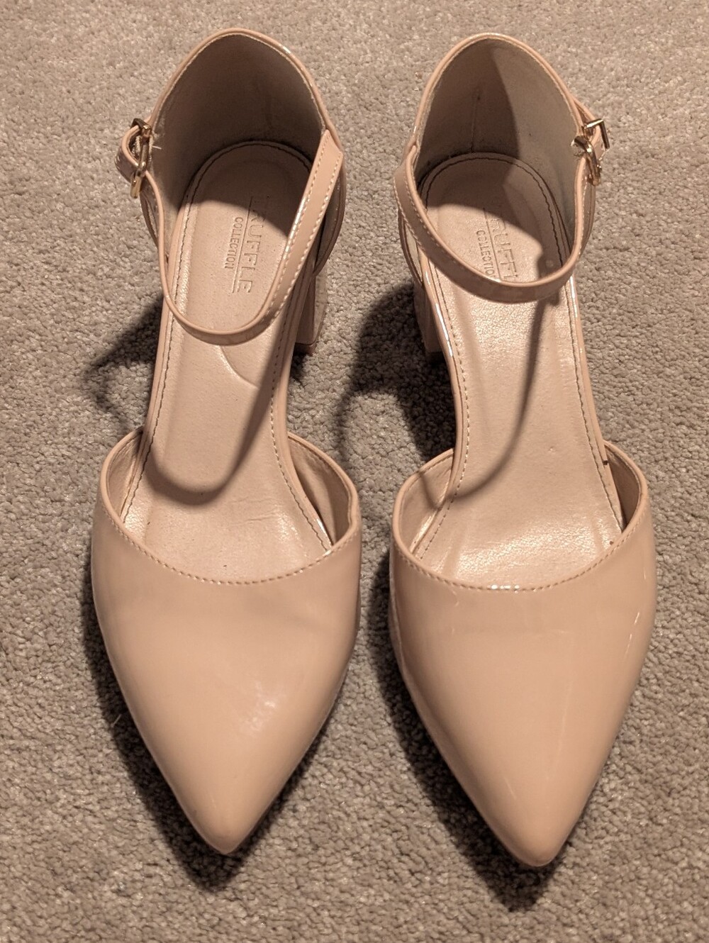 Women's Pointed-Toe Ankle-Strap Pumps in Nude Patent Block Heel - Picture 3 of 7
